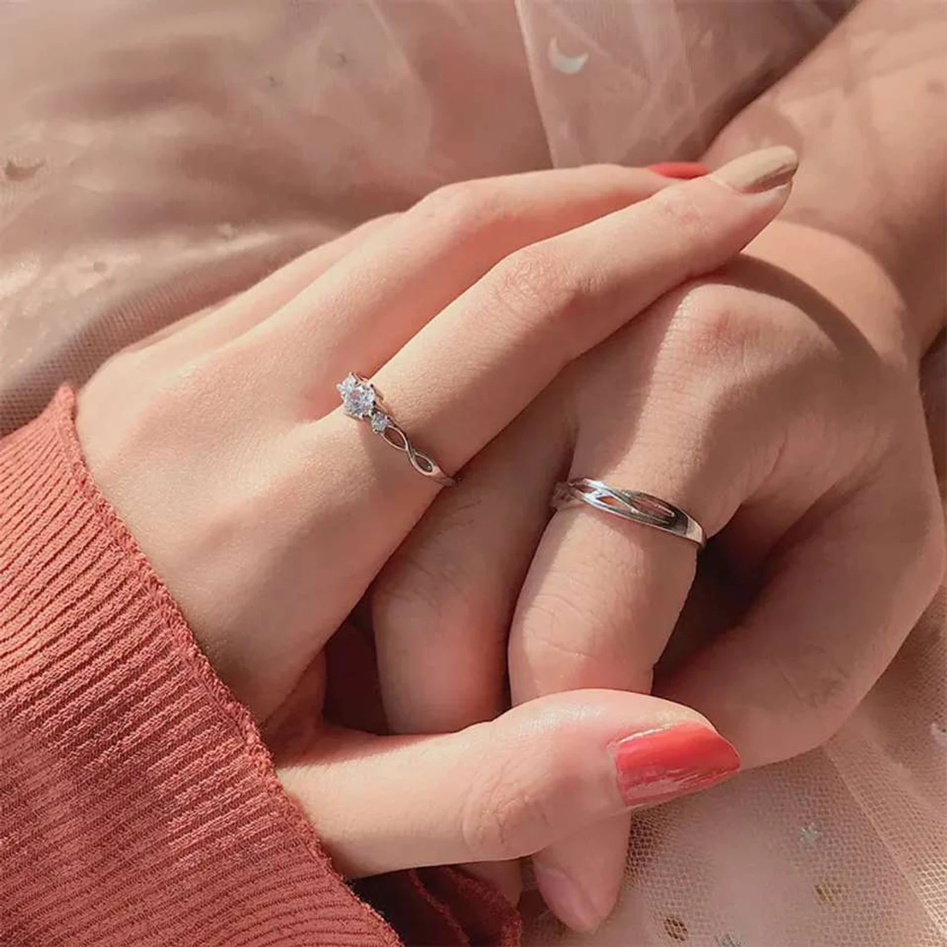 GanPatique Couple Rings Silver Adjustable | Stylish Promise Ring Set for Men & Women. Stainless Steel Cubic Zirconia Silver Plated Ring Set - Image 3