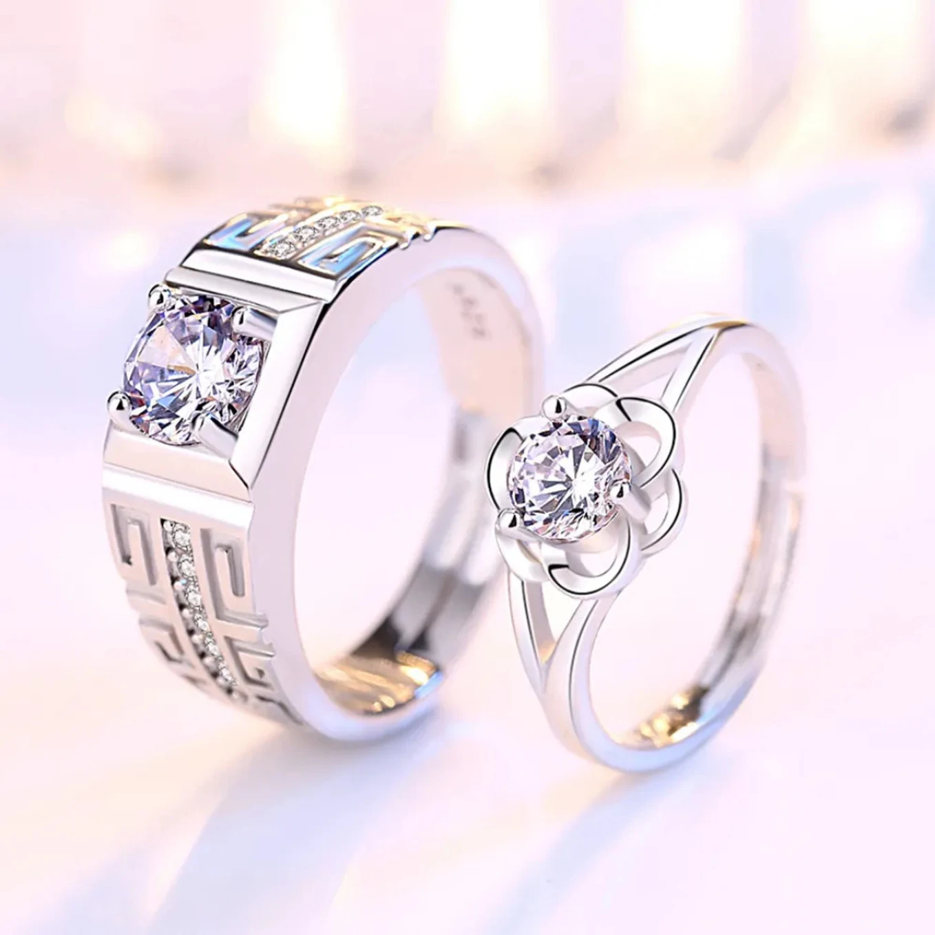 Devora Adjustable couple silver ring set for lovers | ring for women | valentine ring Stainless Steel Zircon Sterling Silver Plated Ring Set