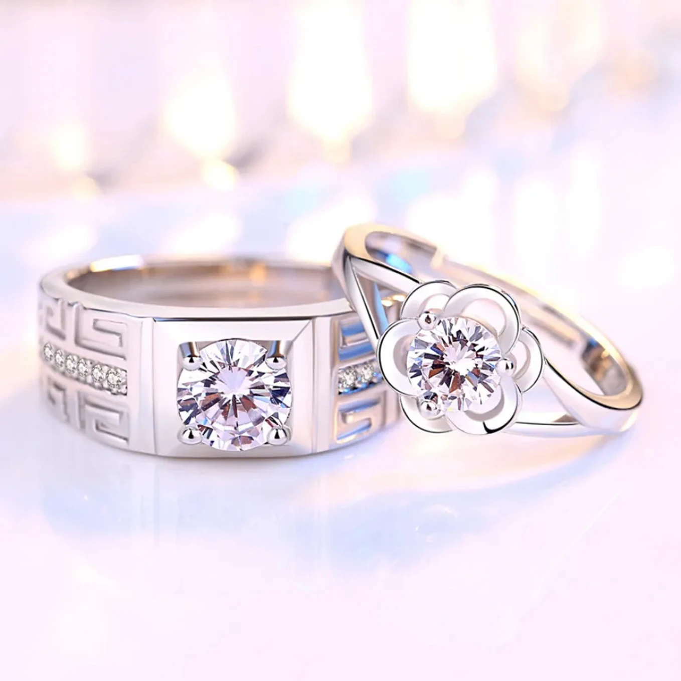 Devora Adjustable couple silver ring set for lovers | ring for women | valentine ring Stainless Steel Zircon Sterling Silver Plated Ring Set - Image 2