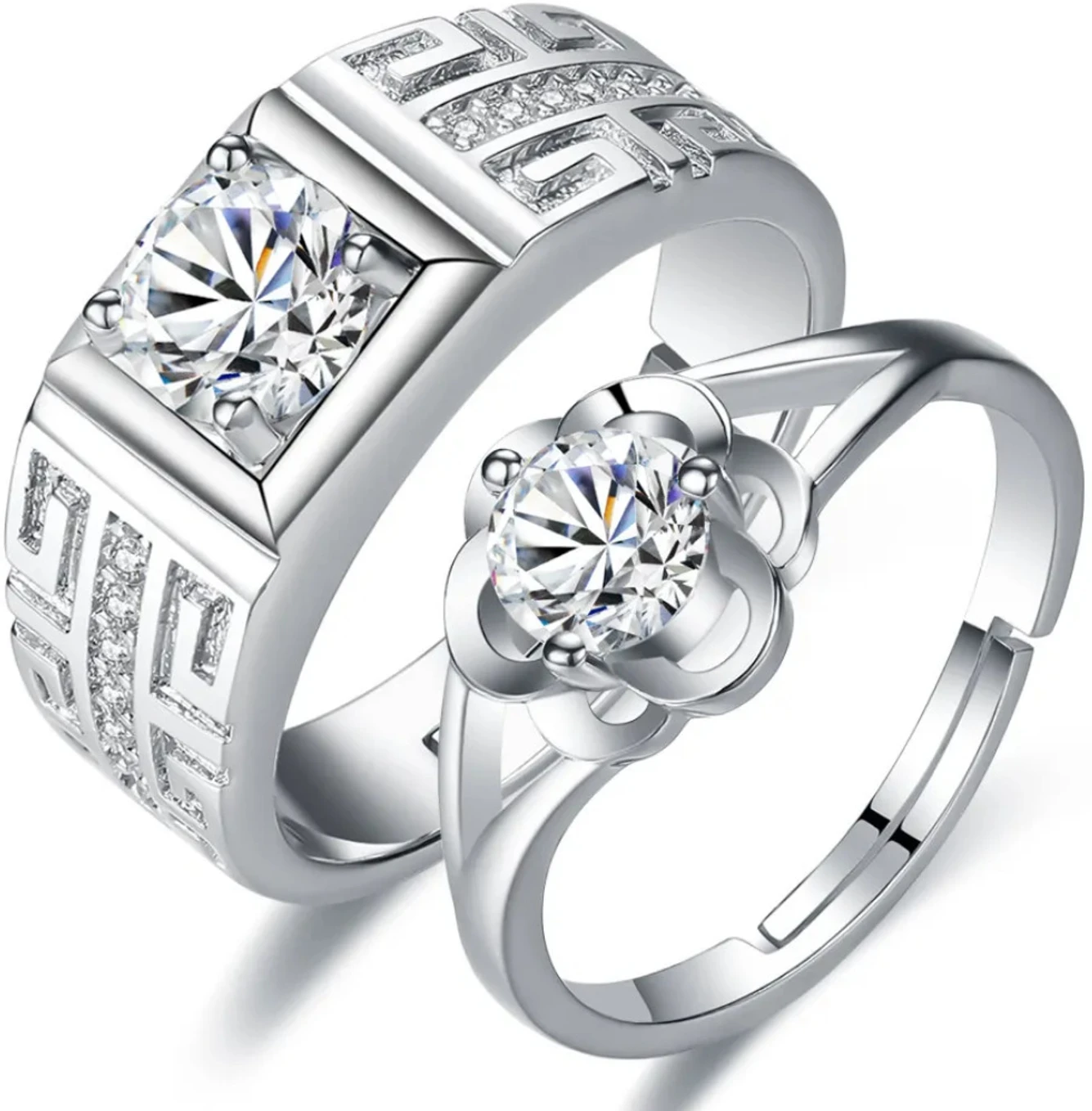 Devora Adjustable couple silver ring set for lovers | ring for women | valentine ring Stainless Steel Zircon Sterling Silver Plated Ring Set - Image 4