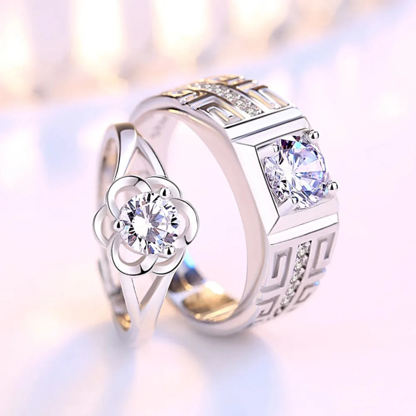 Devora Adjustable couple silver ring set for lovers | ring for women | valentine ring Stainless Steel Zircon Sterling Silver Plated Ring Set - Image 5