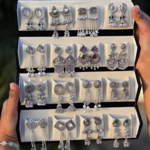 Treviyaa Viral 16 Pair Oxidised Earing Set With Folding Jewelery Box | WITH LOVE NOTE Alloy Jhumki Earring
