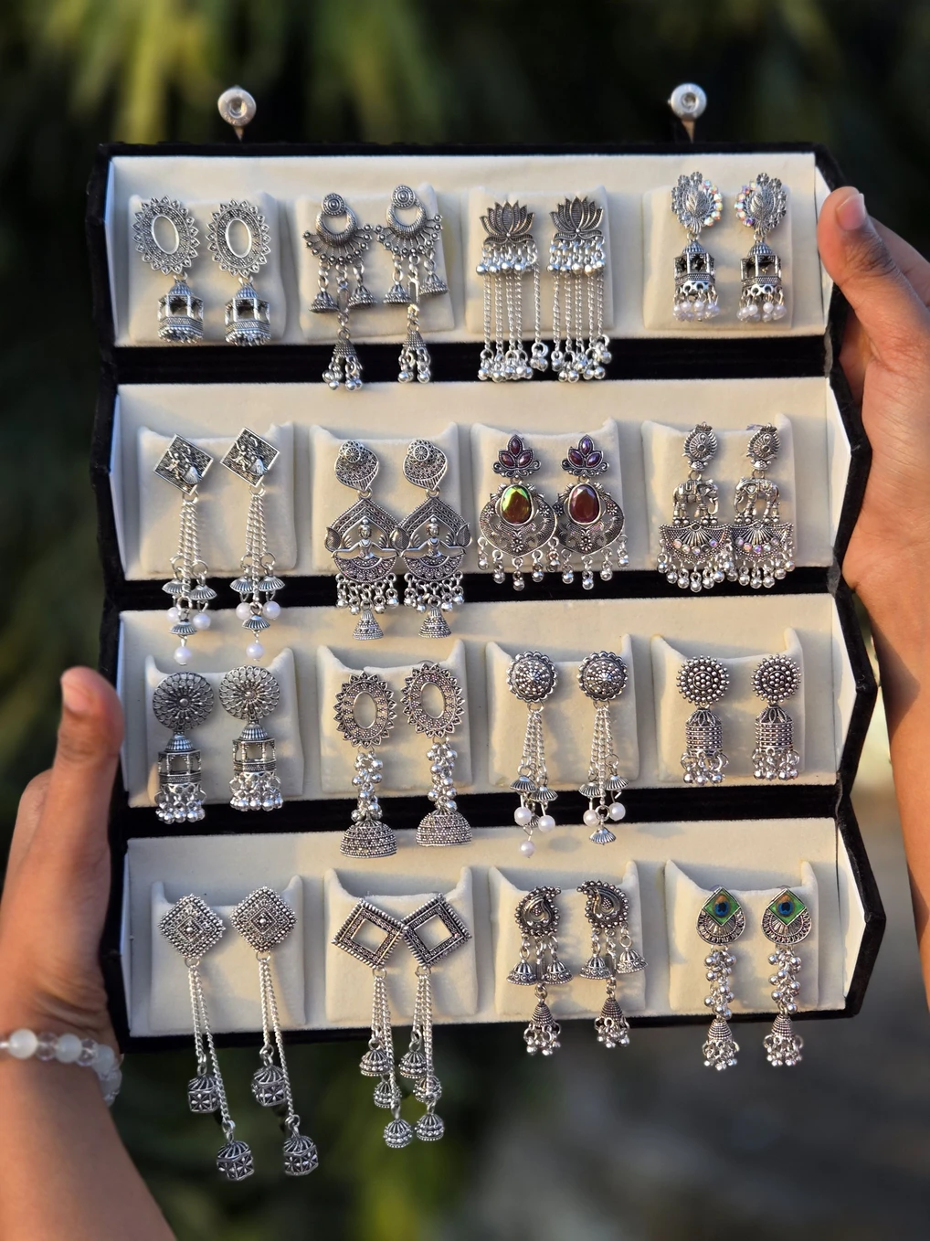 Treviyaa Viral 16 Pair Oxidised Earing Set With Folding Jewelery Box | WITH LOVE NOTE Alloy Jhumki Earring