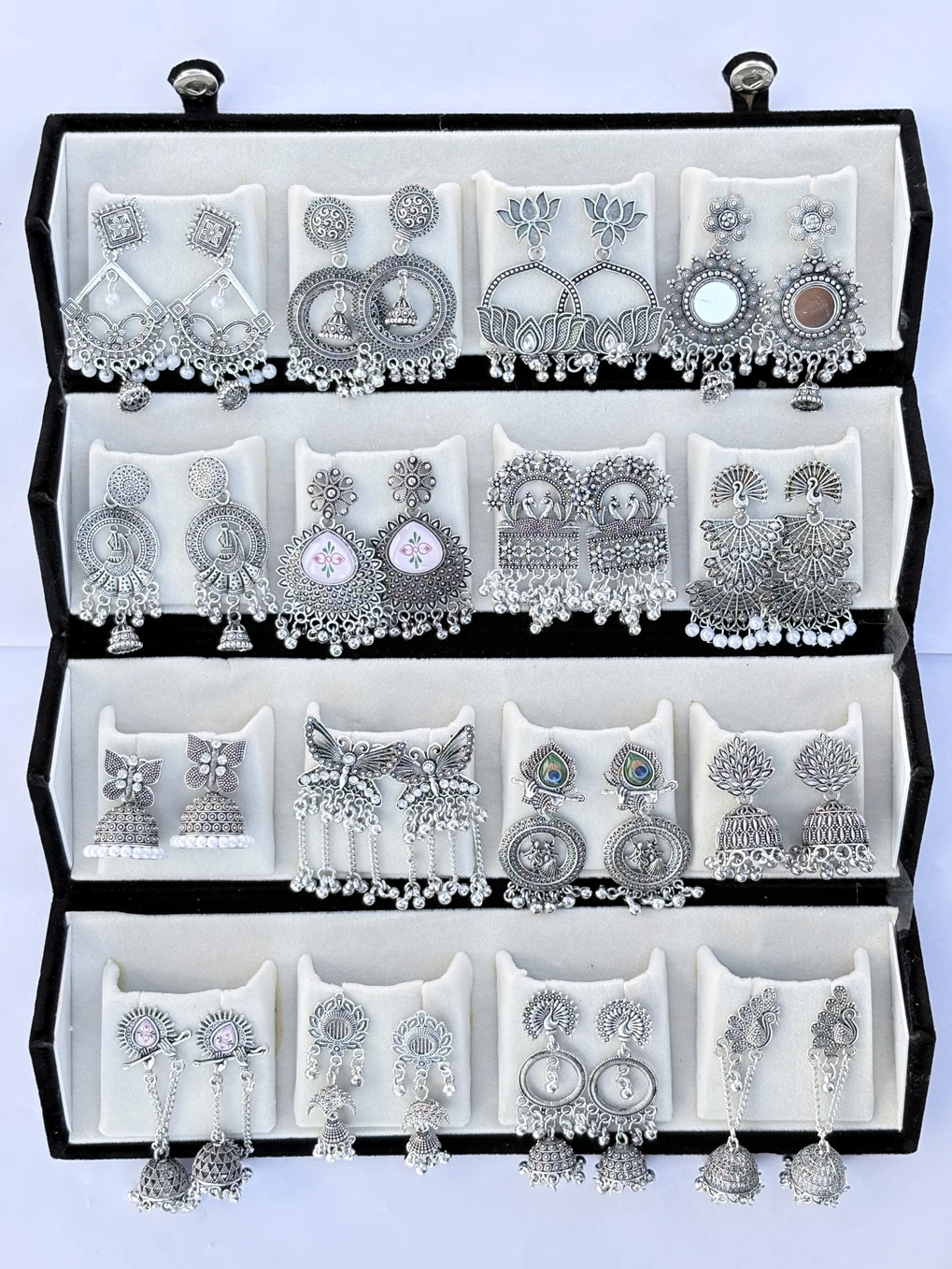 Treviyaa Viral 16 Pair Oxidised Earing Set With Folding Jewelery Box | WITH LOVE NOTE Alloy Jhumki Earring - Image 2