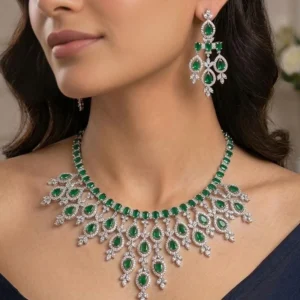 PREENAZ Alloy Rhodium Silver, Green Jewel Set (Pack of 2)